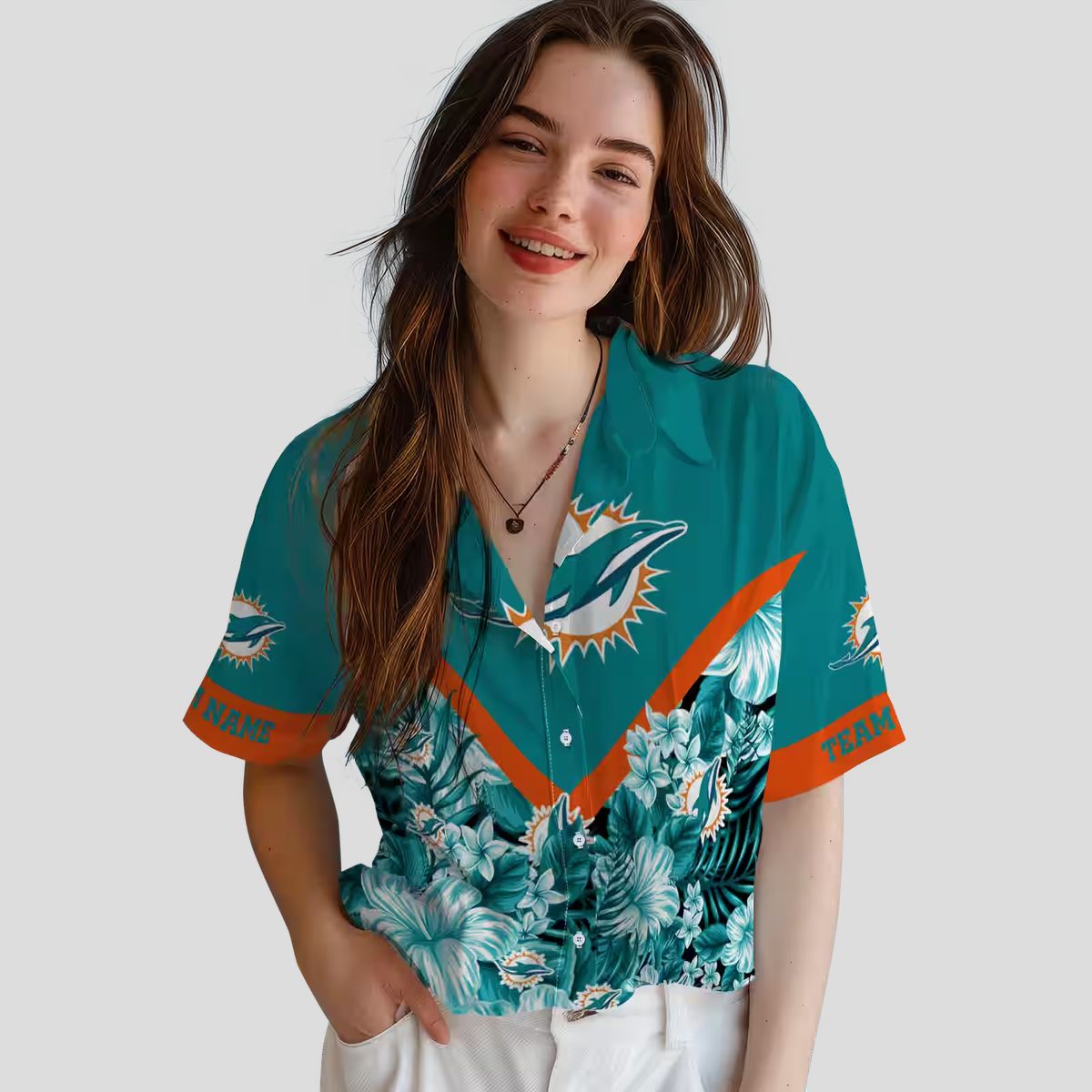 Personalized Miami Dolphins Hawaiian Shirt – Aqua Floral Chevron Beachwear