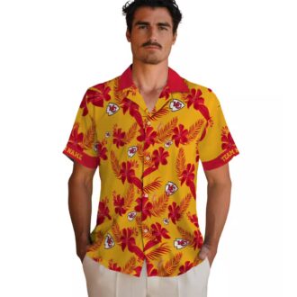 Kansas City Chiefs Aloha Shirt, Tropical Botanical Gold Hawaiian Football Fan Apparel