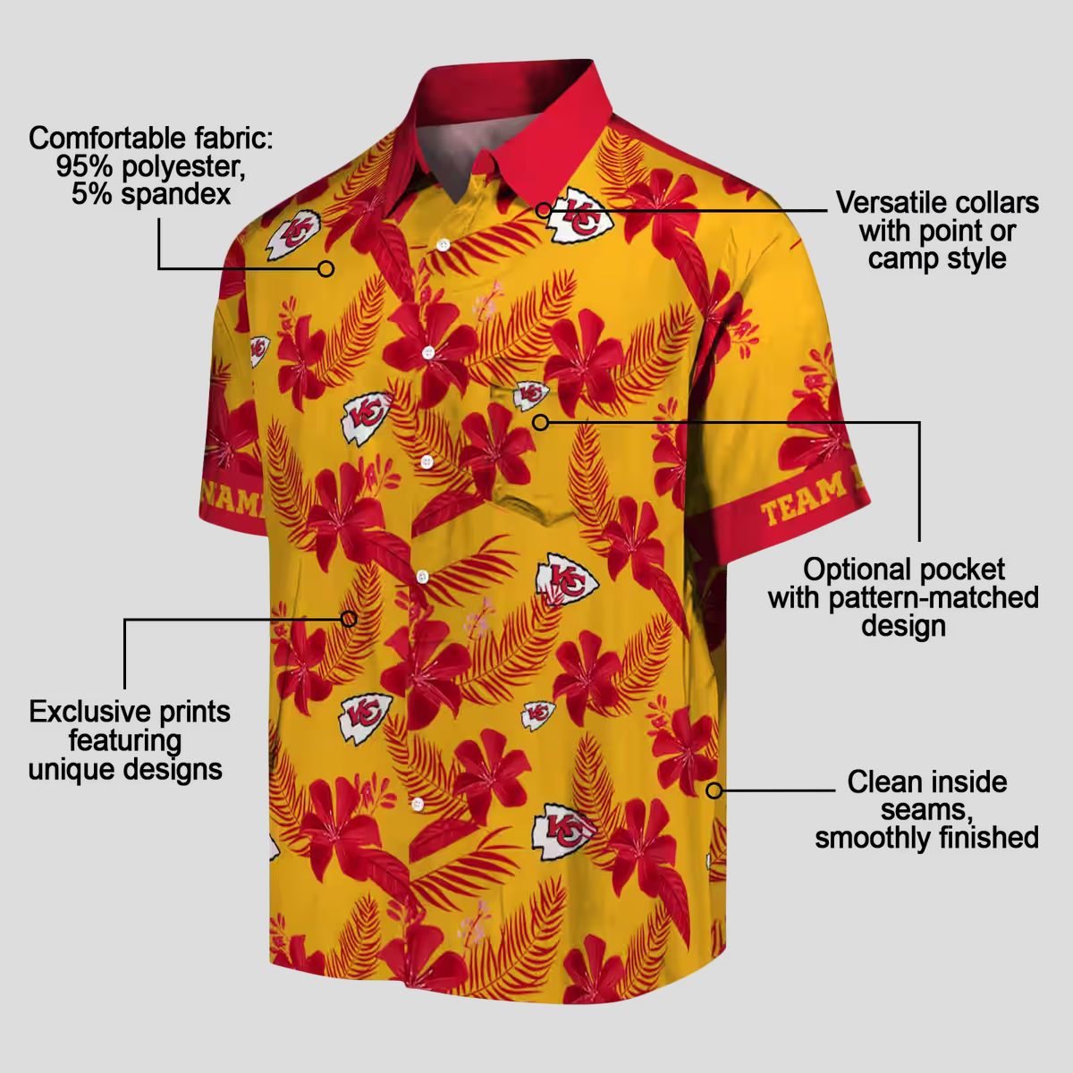 Kansas City Chiefs Aloha Shirt, Tropical Botanical Gold Hawaiian Football Fan Apparel