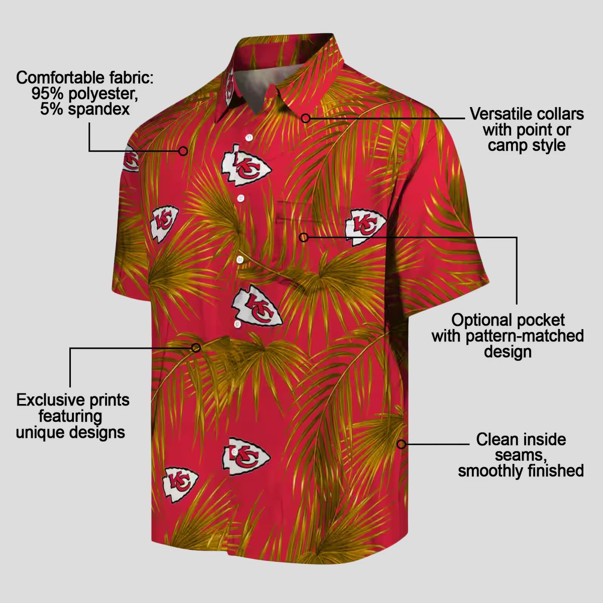 Kansas City Chiefs Aloha Shirt, Tropical Red Palms Hawaiian Beachwear for Men & Women