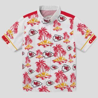 Kansas City Chiefs Hawaiian Button Up Shirt, Palm Island Print Red White Game Day Outfit