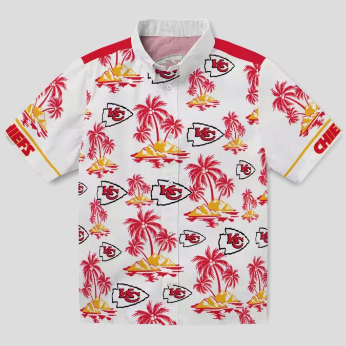 Kansas City Chiefs Hawaiian Button Up Shirt, Palm Island Print Red White Game Day Outfit