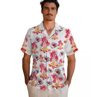 Kansas City Chiefs Hawaiian Button Up Shirt, Palm Island Print Red White Game Day Outfit