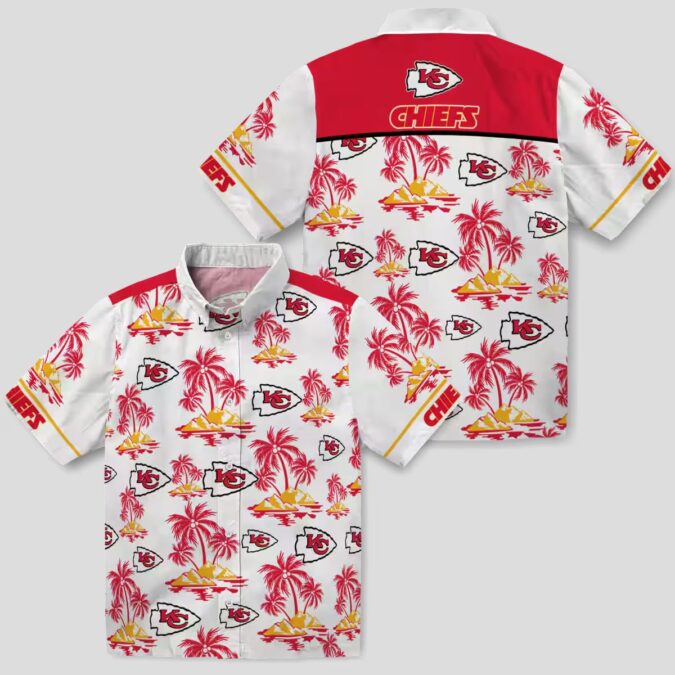 Kansas City Chiefs Hawaiian Button Up Shirt, Palm Island Print Red White Game Day Outfit