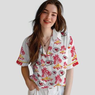 Kansas City Chiefs Hawaiian Button Up Shirt, Palm Island Print Red White Game Day Outfit