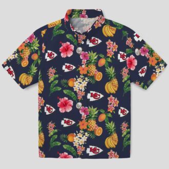 Kansas City Chiefs Navy Blue Hawaiian Shirt, Hibiscus & Fruit Aloha Vacation Shirt