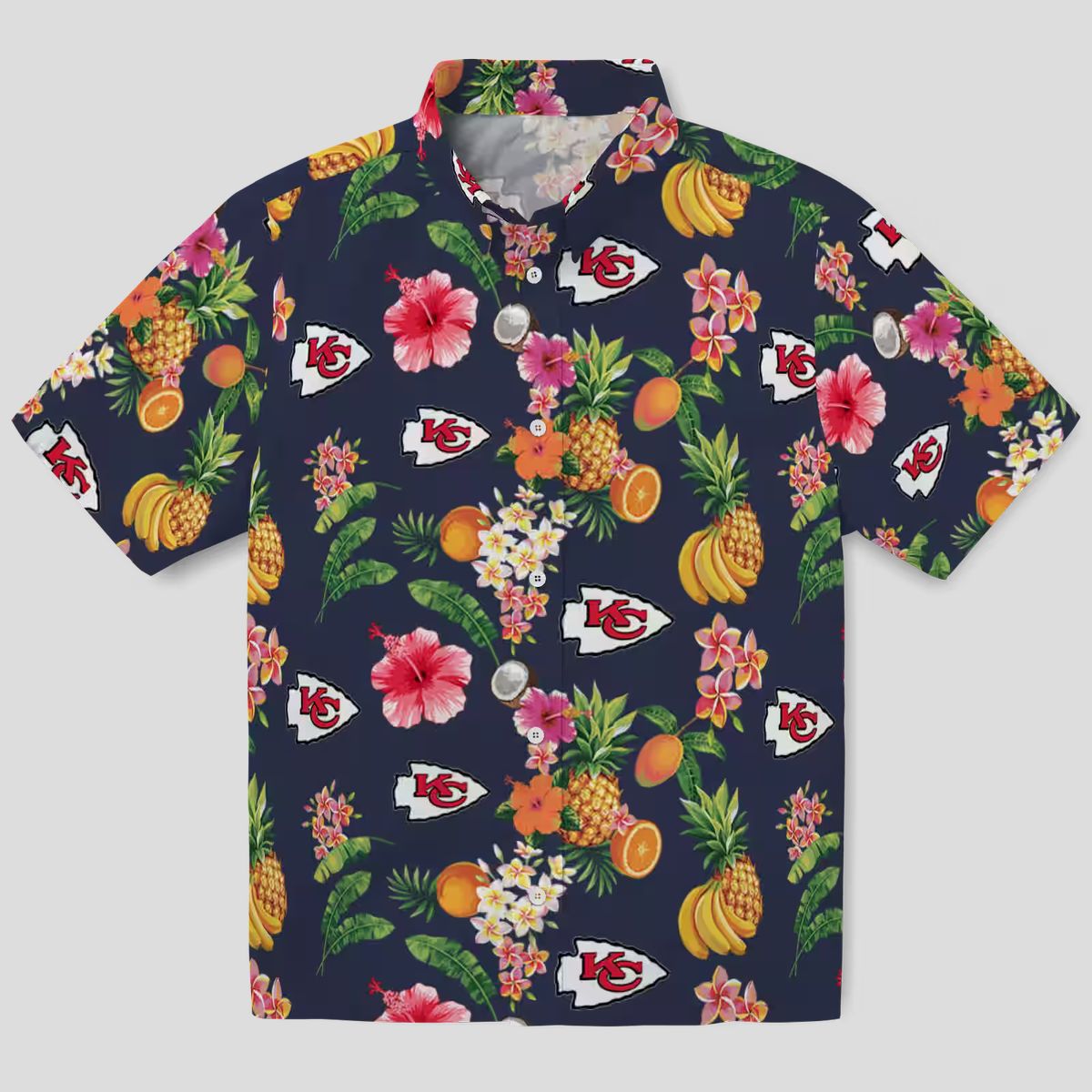 Kansas City Chiefs Navy Blue Hawaiian Shirt, Hibiscus & Fruit Aloha Vacation Shirt