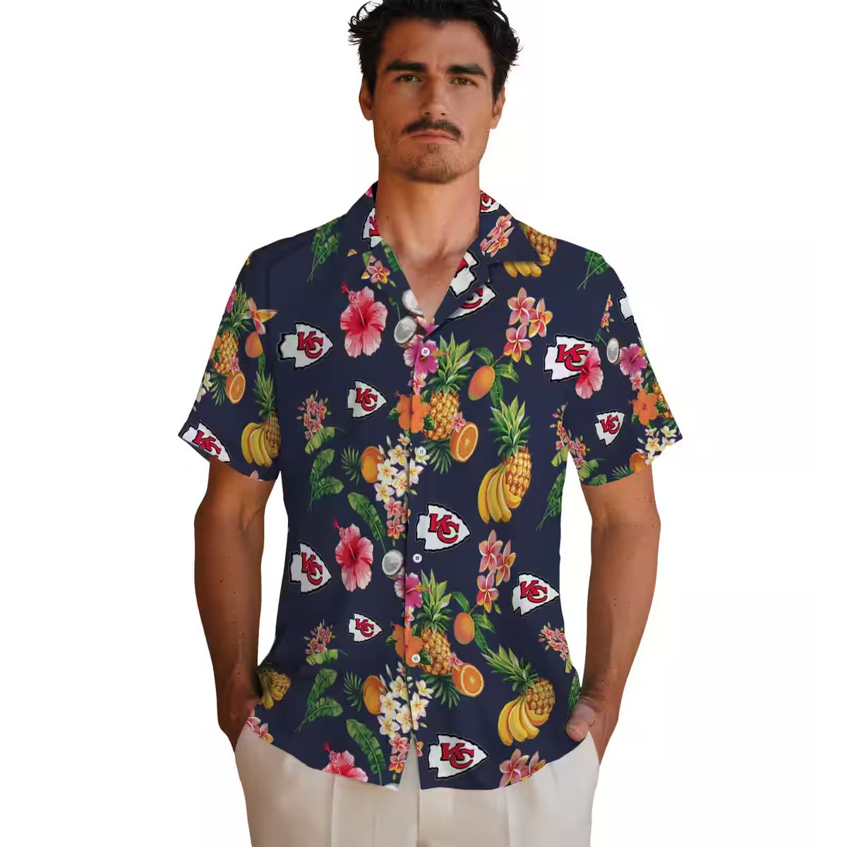 Kansas City Chiefs Navy Blue Hawaiian Shirt, Hibiscus & Fruit Aloha Vacation Shirt