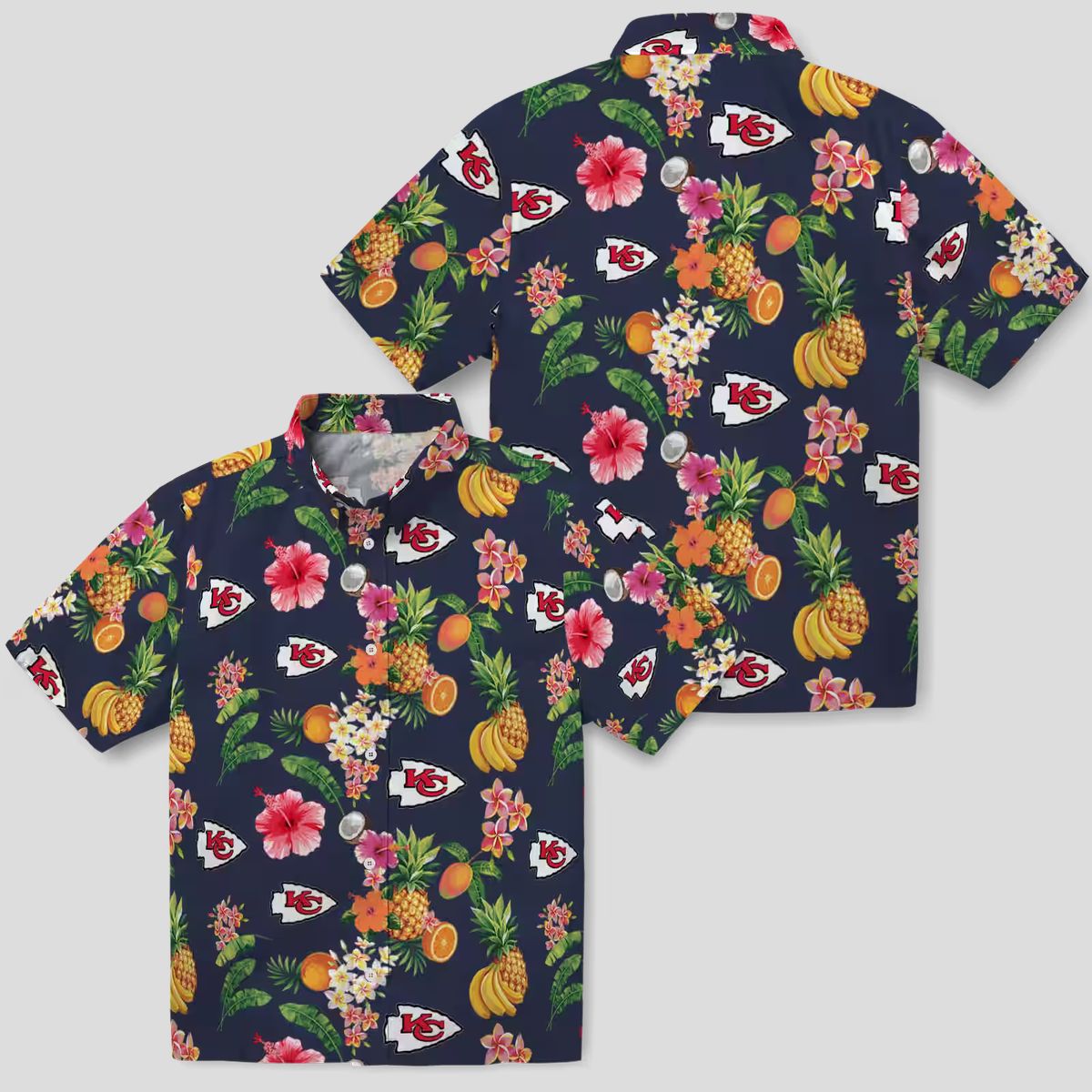 Kansas City Chiefs Navy Blue Hawaiian Shirt, Hibiscus & Fruit Aloha Vacation Shirt
