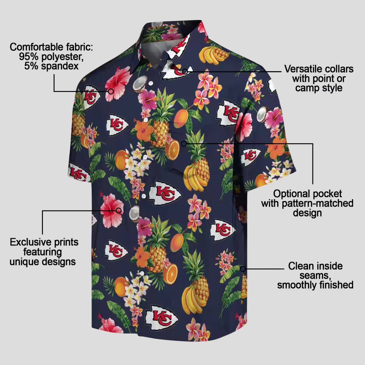 Kansas City Chiefs Navy Blue Hawaiian Shirt, Hibiscus & Fruit Aloha Vacation Shirt