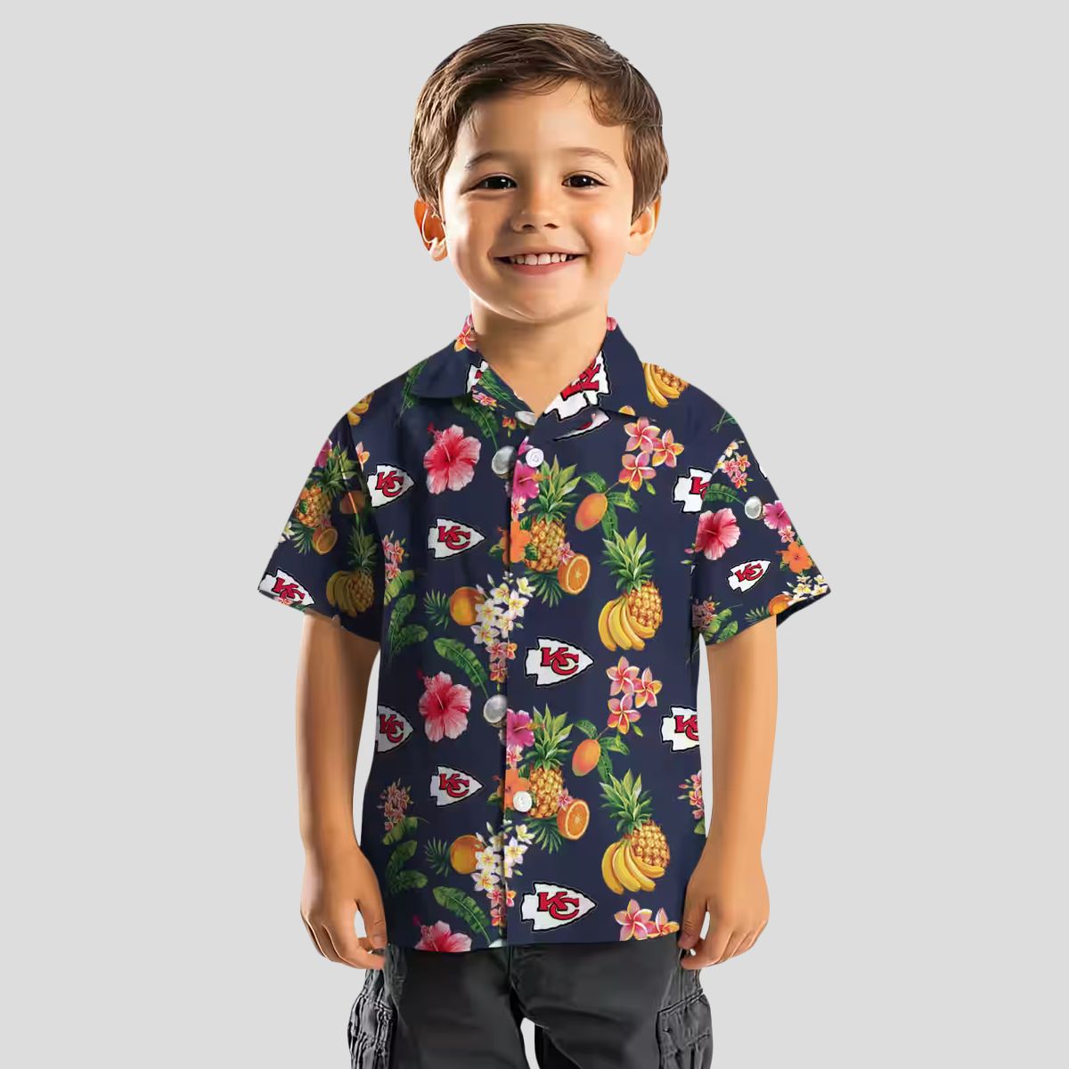 Kansas City Chiefs Navy Blue Hawaiian Shirt, Hibiscus & Fruit Aloha Vacation Shirt