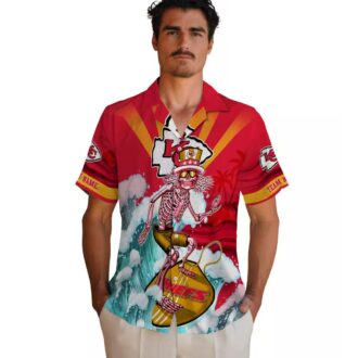 Kansas City Chiefs Red Blue Hawaiian Shirt, Surfing Skeleton Beach Vacation Wear