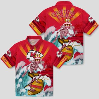 Kansas City Chiefs Red Blue Hawaiian Shirt, Surfing Skeleton Beach Vacation Wear
