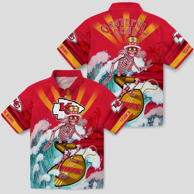 Kansas City Chiefs Red Blue Hawaiian Shirt, Surfing Skeleton Beach Vacation Wear