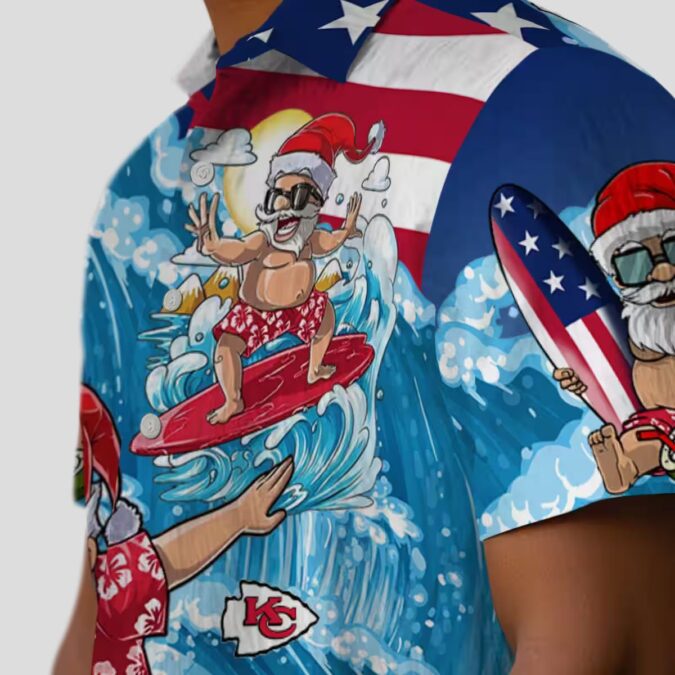Kansas City Chiefs Surfing Santa Blue Shirt - Holiday Beachwear & Game Day Outfit