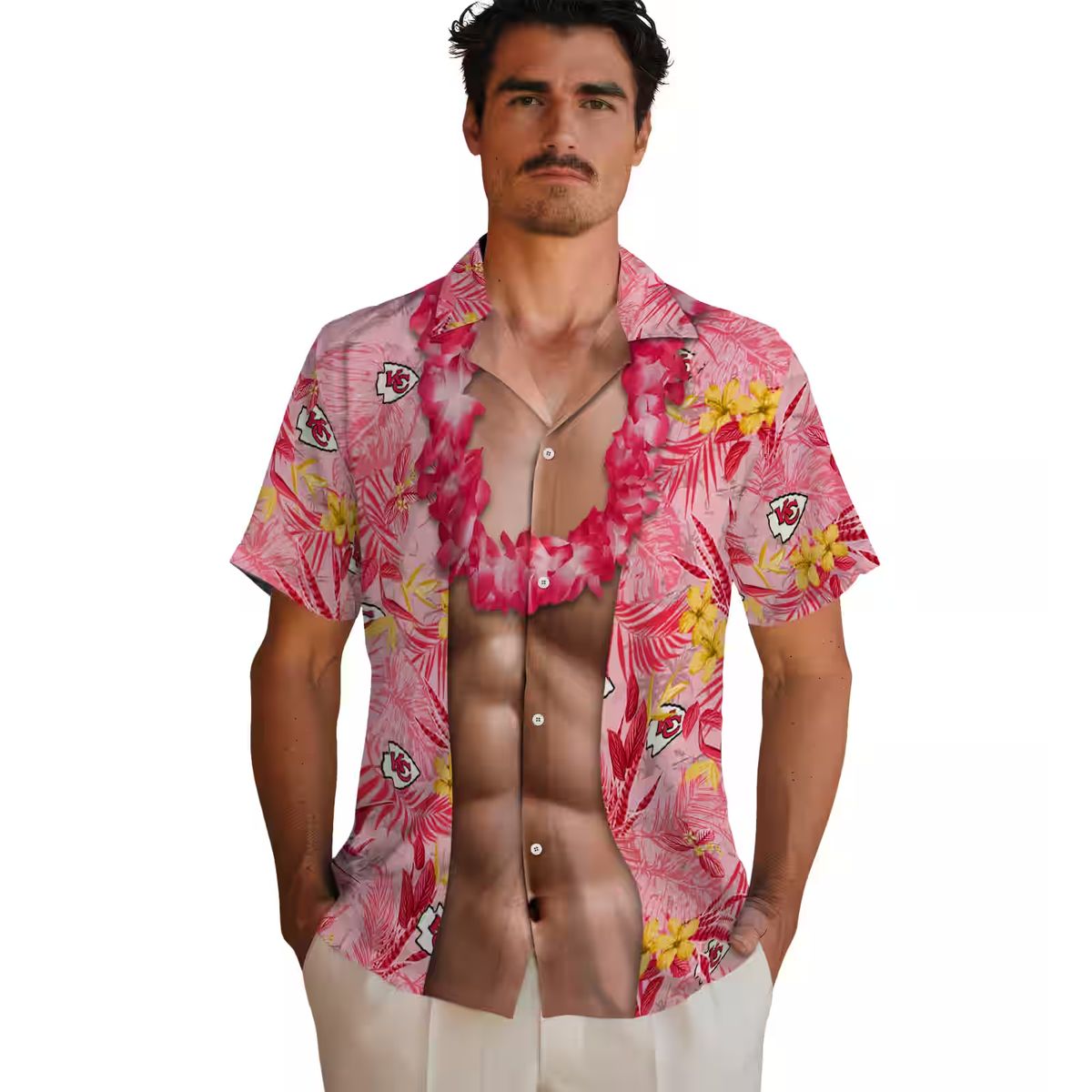 Men's Kansas City Chiefs Hawaiian Shirt, Red Chest Illusion Aloha Summer Fan Apparel