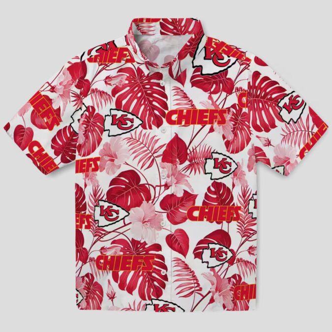 Red & White Kansas City Chiefs Game Day Hawaiian Shirt - Tropical Plants Print
