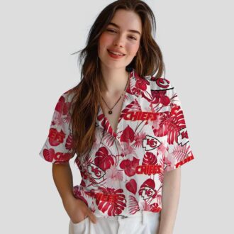 Red & White Kansas City Chiefs Game Day Hawaiian Shirt - Tropical Plants Print