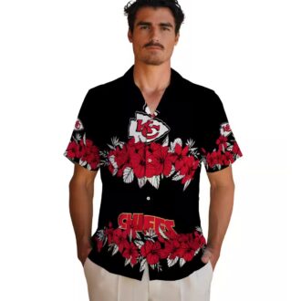 Red Black Kansas City Chiefs Hawaiian Shirt, Hibiscus Stripe Summer Fan Gift
