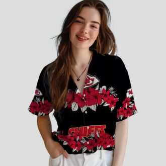 Red Black Kansas City Chiefs Hawaiian Shirt, Hibiscus Stripe Summer Fan Gift