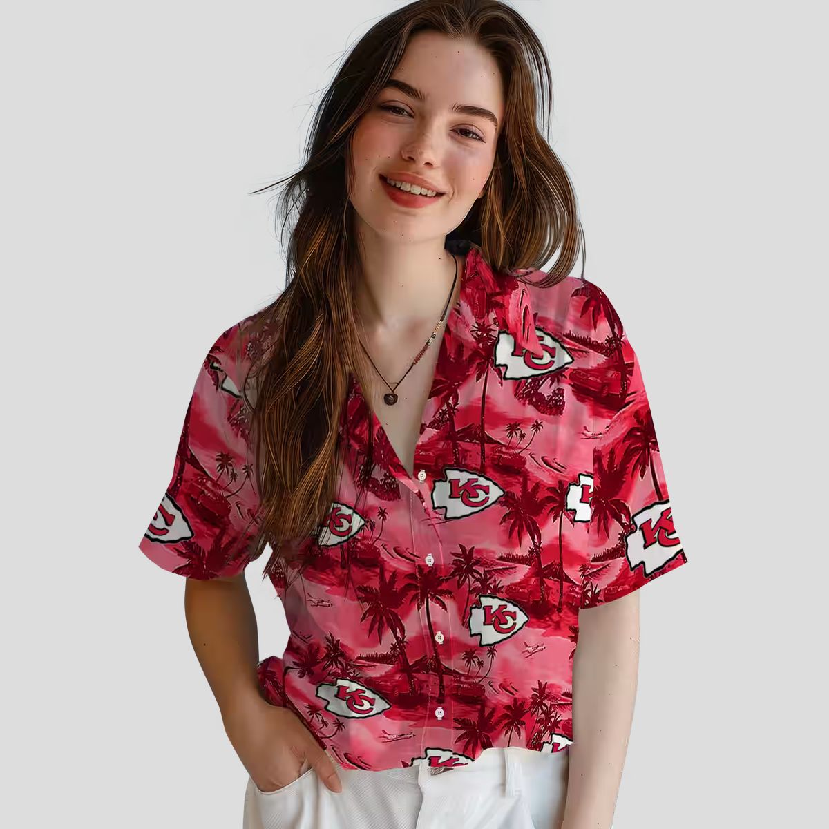Women's Kansas City Chiefs Game Day Hawaiian Shirt – Red Coastal Palms Tropical Style
