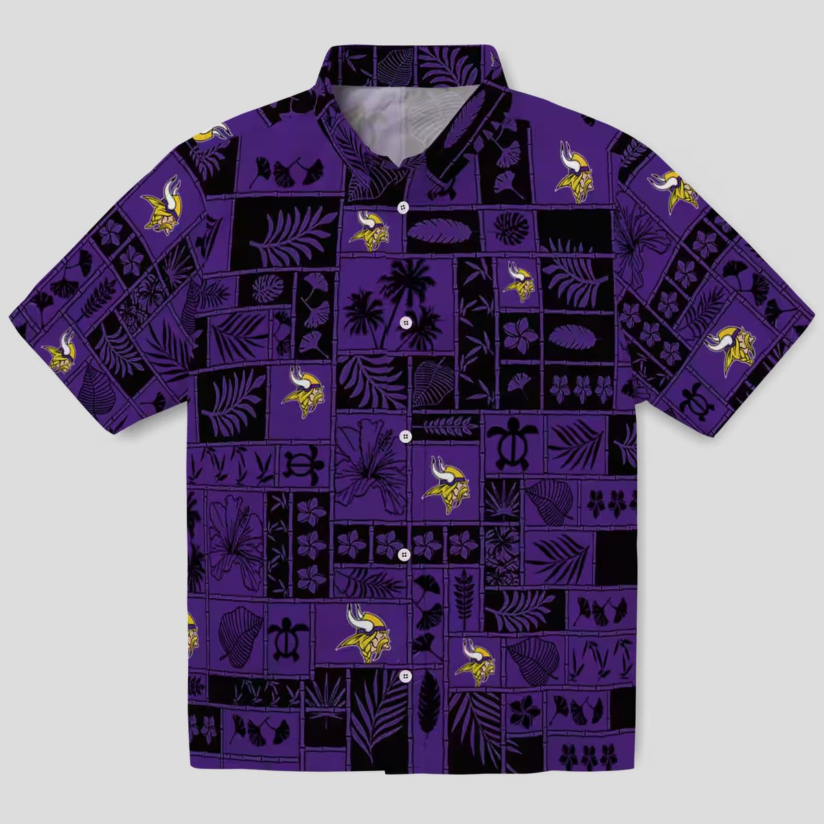 Buy Minnesota Vikings Hawaiian Shirt, Purple & Black Tropical Patchwork NFL Outfit