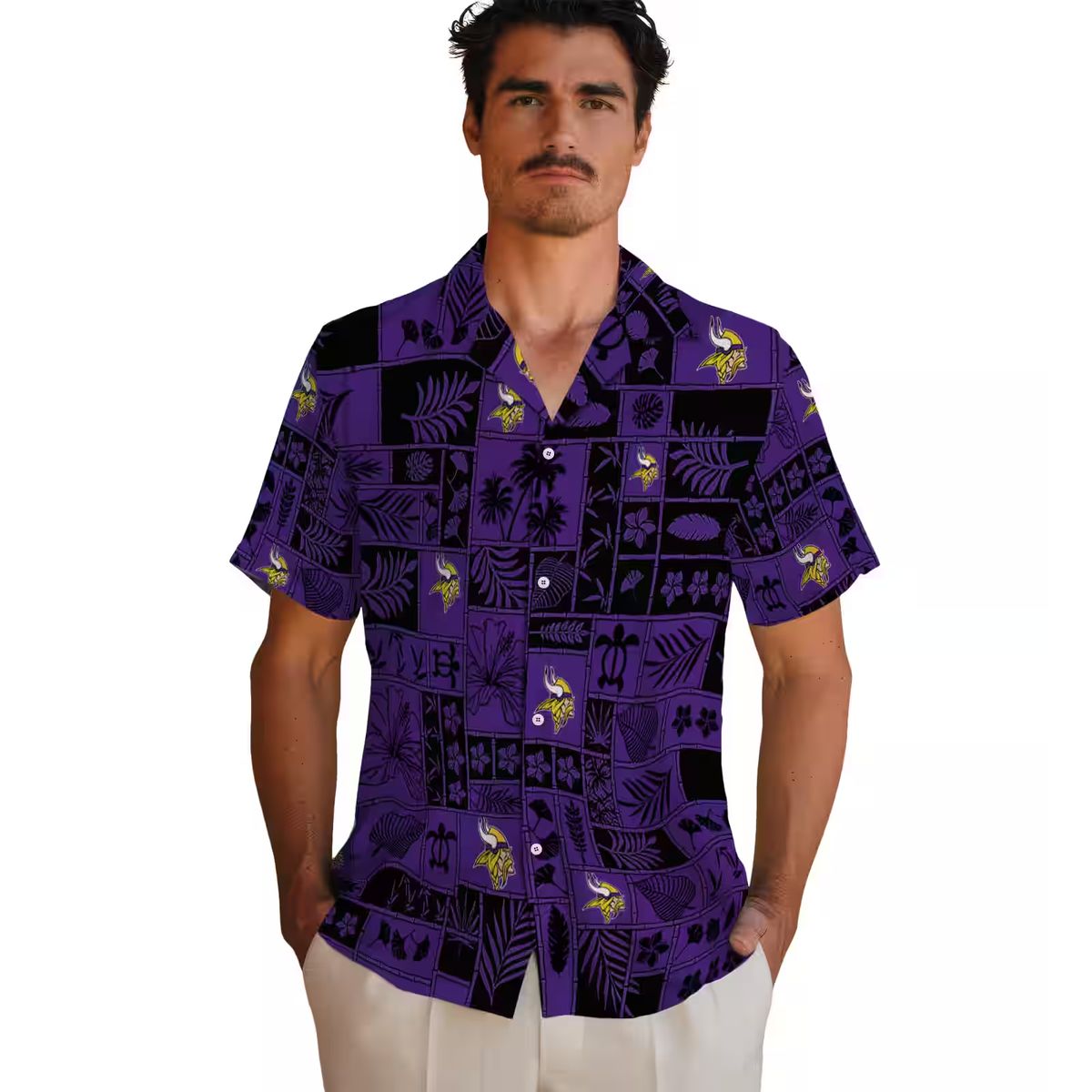 Buy Minnesota Vikings Hawaiian Shirt, Purple & Black Tropical Patchwork NFL Outfit