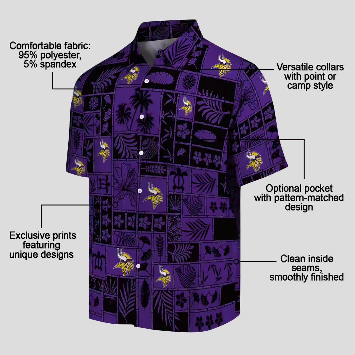 Buy Minnesota Vikings Hawaiian Shirt, Purple & Black Tropical Patchwork NFL Outfit