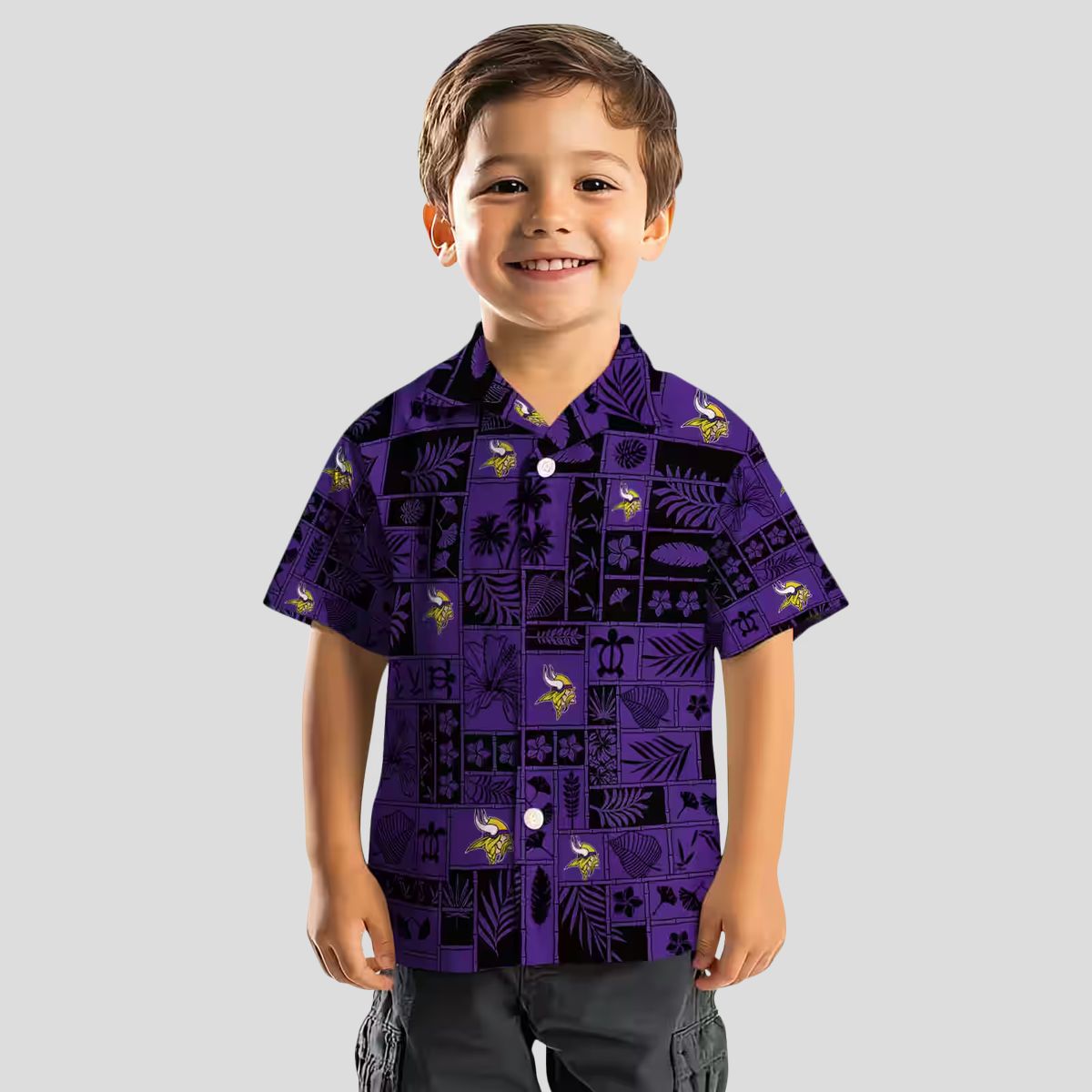 Buy Minnesota Vikings Hawaiian Shirt, Purple & Black Tropical Patchwork NFL Outfit