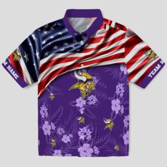 Custom Minnesota Vikings Aloha Hawaiian Shirt, Purple Hibiscus & US Flag NFL Outfit