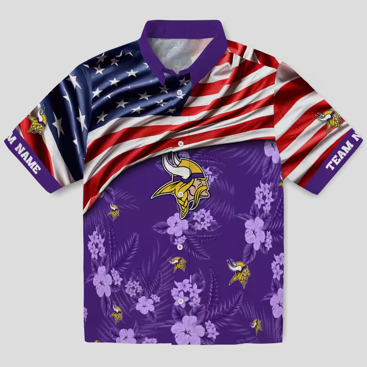 Custom Minnesota Vikings Aloha Hawaiian Shirt, Purple Hibiscus & US Flag NFL Outfit