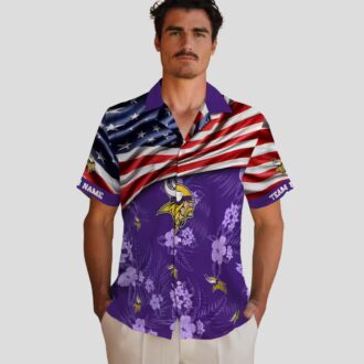 Custom Minnesota Vikings Aloha Hawaiian Shirt, Purple Hibiscus & US Flag NFL Outfit