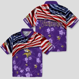 Custom Minnesota Vikings Aloha Hawaiian Shirt, Purple Hibiscus & US Flag NFL Outfit