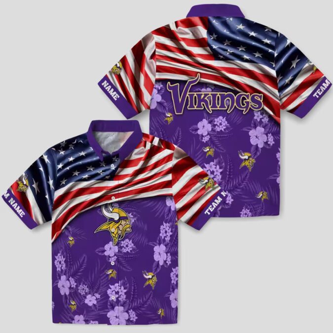 Custom Minnesota Vikings Aloha Hawaiian Shirt, Purple Hibiscus & US Flag NFL Outfit