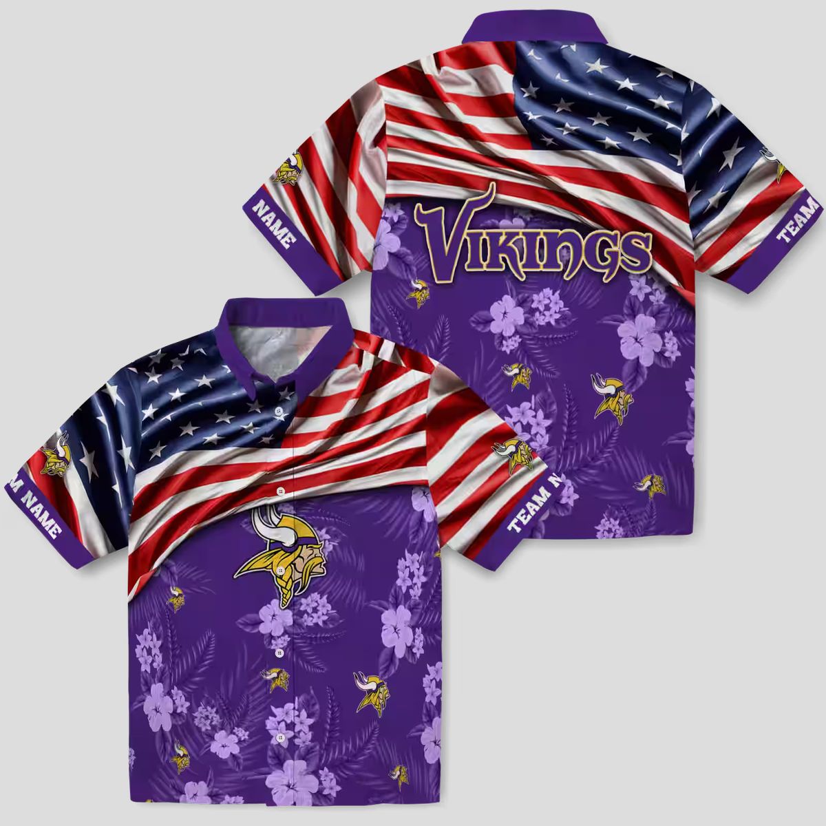 Custom Minnesota Vikings Aloha Hawaiian Shirt, Purple Hibiscus & US Flag NFL Outfit