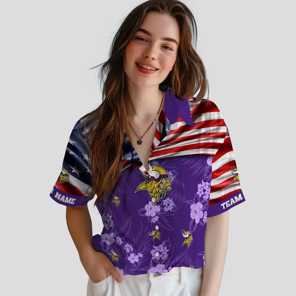 Custom Minnesota Vikings Aloha Hawaiian Shirt, Purple Hibiscus & US Flag NFL Outfit
