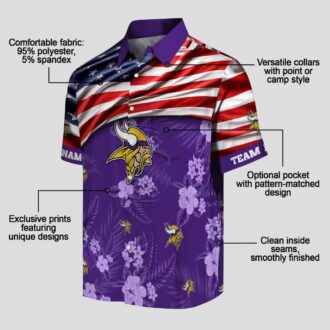 Custom Minnesota Vikings Aloha Hawaiian Shirt, Purple Hibiscus & US Flag NFL Outfit