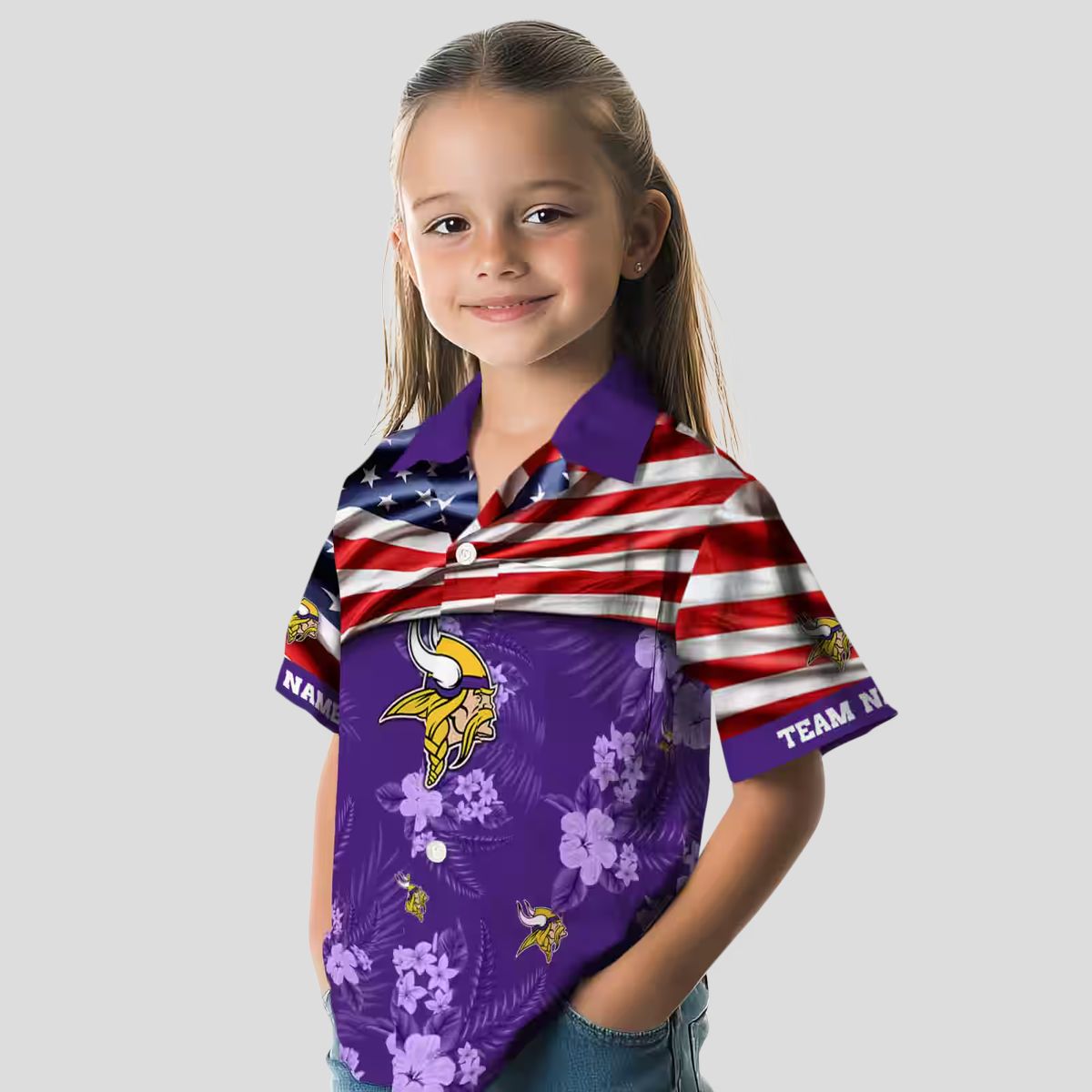 Custom Minnesota Vikings Aloha Hawaiian Shirt, Purple Hibiscus & US Flag NFL Outfit