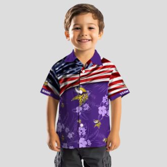 Custom Minnesota Vikings Aloha Hawaiian Shirt, Purple Hibiscus & US Flag NFL Outfit