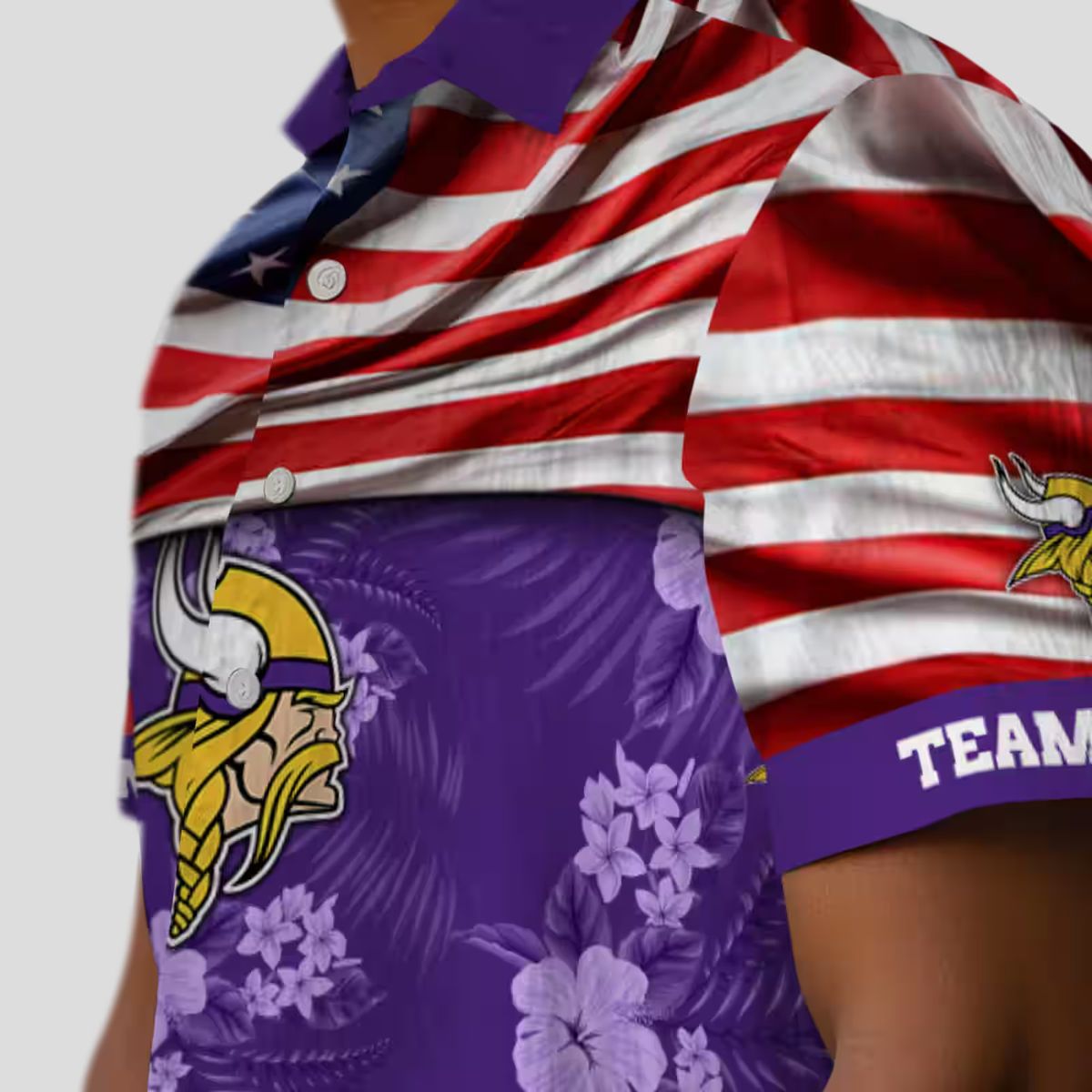 Custom Minnesota Vikings Aloha Hawaiian Shirt, Purple Hibiscus & US Flag NFL Outfit