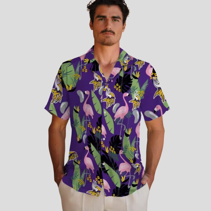 Flamingo & Leaves Minnesota Vikings Tropical Hawaiian Shirt, Summer Party Apparel