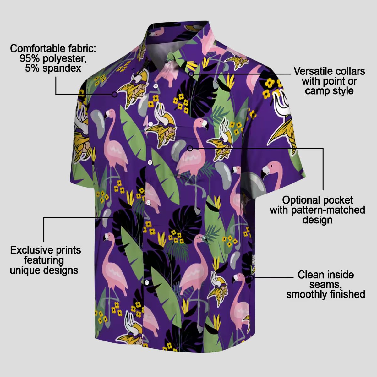 Flamingo & Leaves Minnesota Vikings Tropical Hawaiian Shirt, Summer Party Apparel