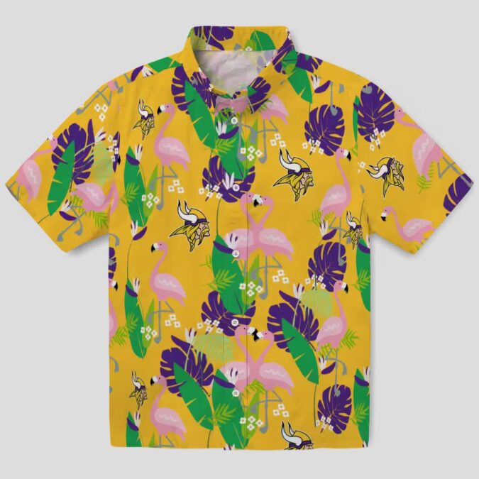 Minnesota Vikings Aloha Hawaiian Shirt, Purple Green Flamingo Tailgate Outfit