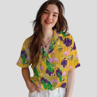 Minnesota Vikings Aloha Hawaiian Shirt, Purple Green Flamingo Tailgate Outfit
