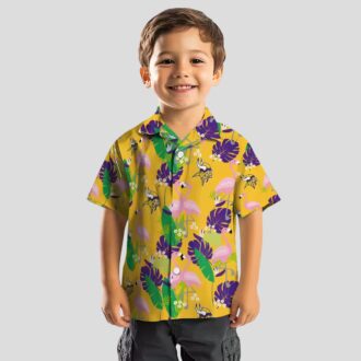 Minnesota Vikings Aloha Hawaiian Shirt, Purple Green Flamingo Tailgate Outfit