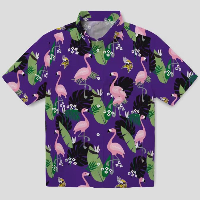 Minnesota Vikings Beach Hawaiian Shirt - Purple Tropical Flamingo Leaf Print