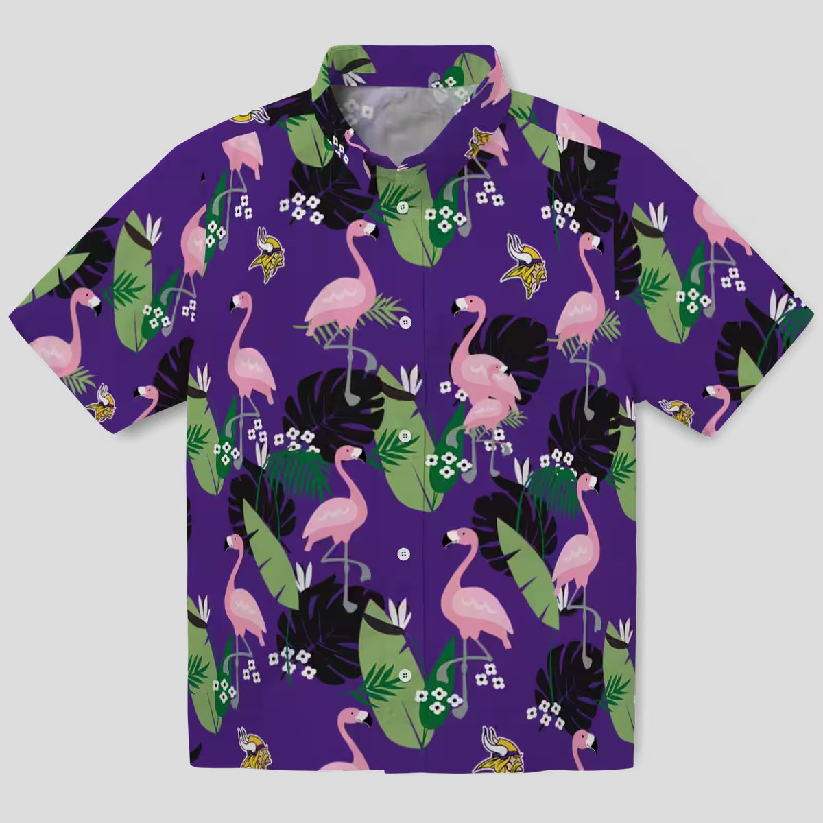Minnesota Vikings Beach Hawaiian Shirt - Purple Tropical Flamingo Leaf Print