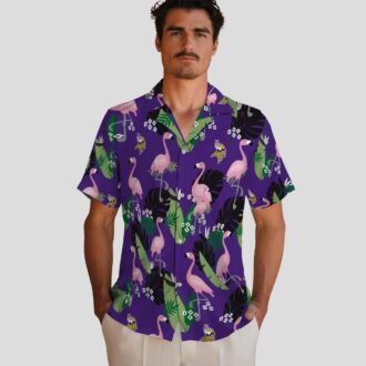 Minnesota Vikings Beach Hawaiian Shirt - Purple Tropical Flamingo Leaf Print