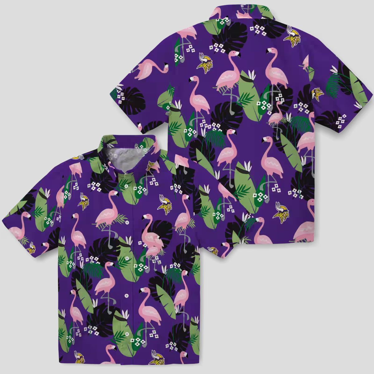 Minnesota Vikings Beach Hawaiian Shirt - Purple Tropical Flamingo Leaf Print