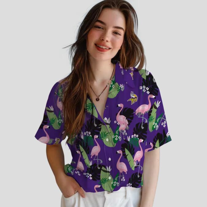 Minnesota Vikings Beach Hawaiian Shirt - Purple Tropical Flamingo Leaf Print